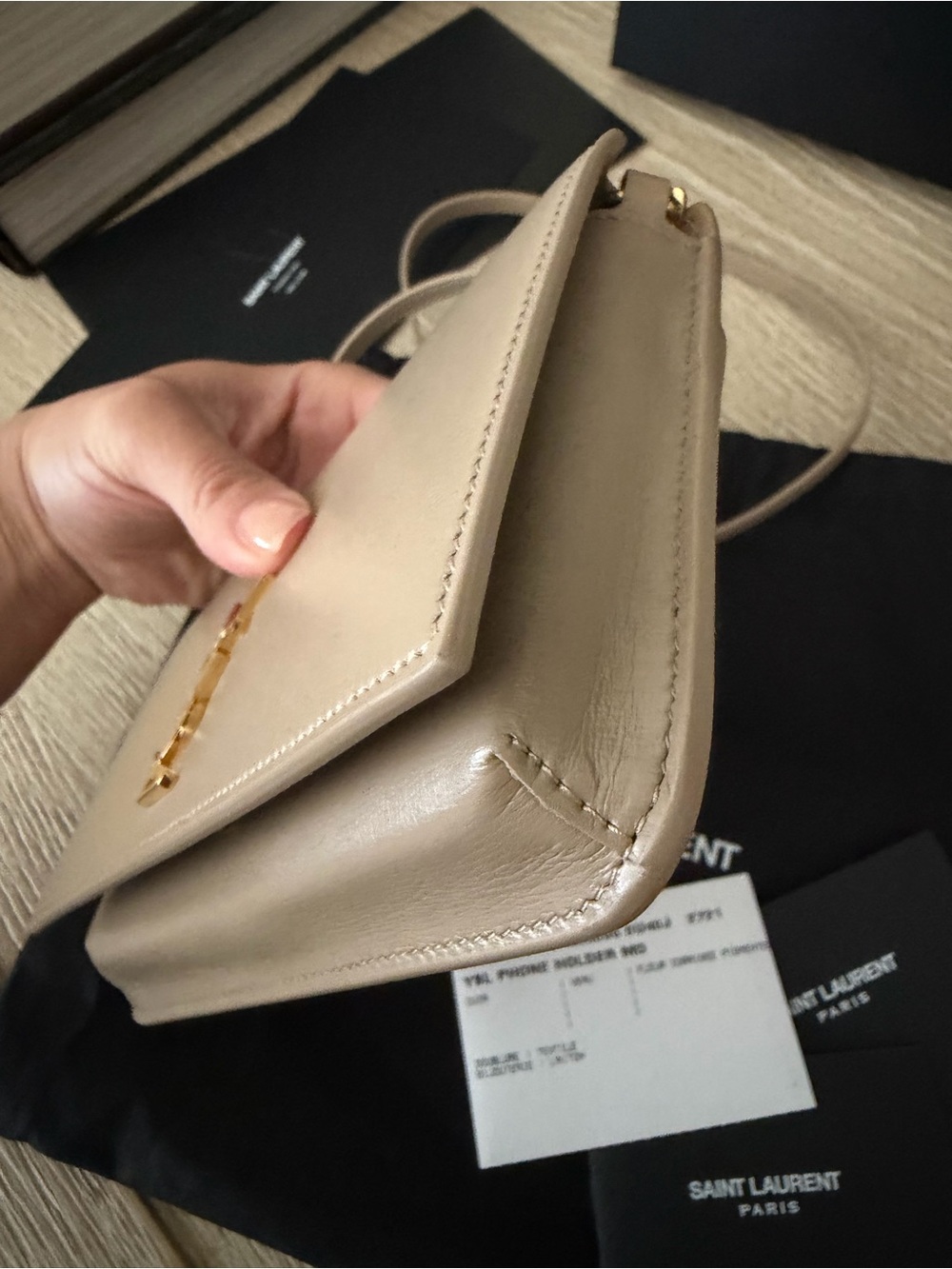 Saint Laurent Cassandre Phone Holder Crossbody Bag in Dark Beige - Picture 5 of 15